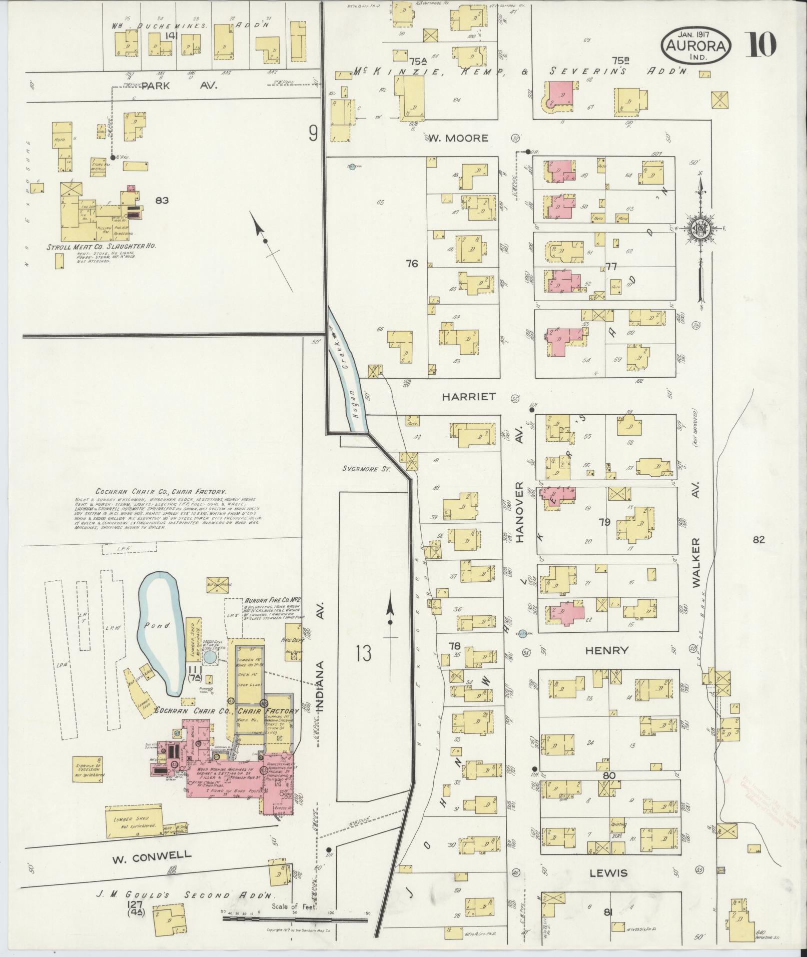 Sanborn Fire Insurance Map from Aurora, Dearborn County, Indiana (1917), Sheet #0010 - Historic Sanborn Fire Insurance Map Print, vintage old map wall art, antique decor, genealogy gift, Indiana Indiana map