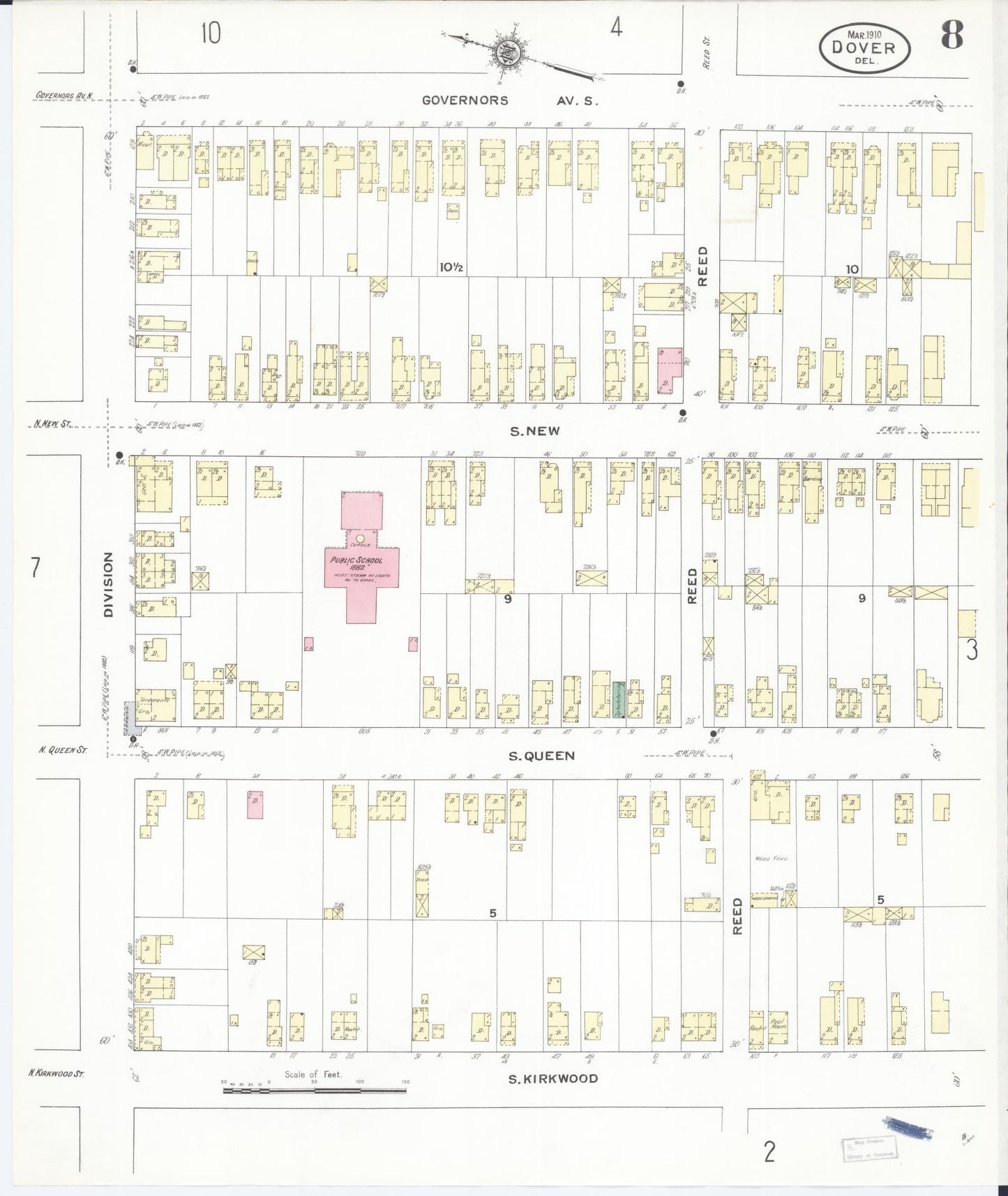 Sanborn Fire Insurance Map from Dover, Kent County, Delaware (1910), Sheet #0008 - Complete Map Set gallery image, historic Sanborn map, vintage wall art, Delaware Delaware