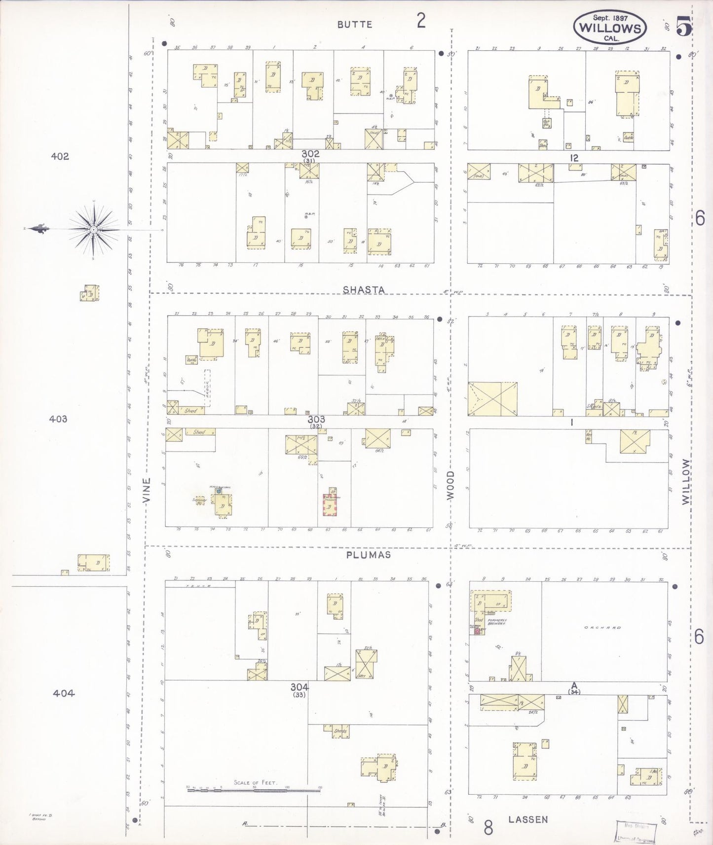 Sanborn Fire Insurance Map from Willows, Glenn County, California (1897), Sheet #0005 - Complete Map Set gallery image, historic Sanborn map, vintage wall art, California California