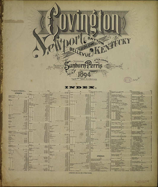 Sanborn Fire Insurance Map from Covington, Kenton County, Kentucky (1894), Sheet #0001 - Historic Sanborn Fire Insurance Map Print, vintage old map wall art, antique decor, genealogy gift, Kentucky Kentucky map
