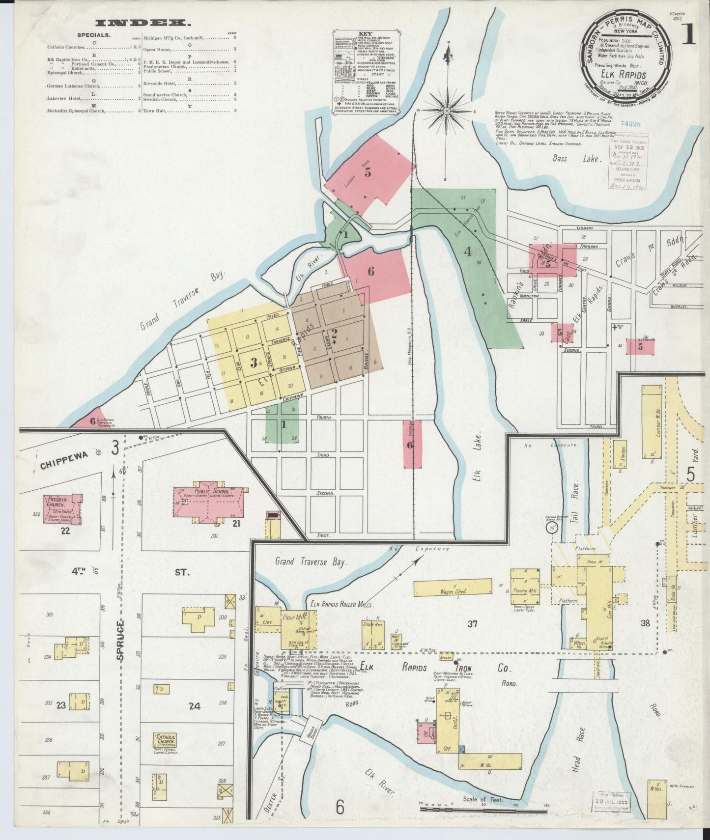 Sanborn Fire Insurance Map from Elk Rapids, Antrim County, Michigan (1900), Sheet #0001 - Historic Sanborn Fire Insurance Map Print, vintage old map wall art, antique decor, genealogy gift, Michigan Michigan map