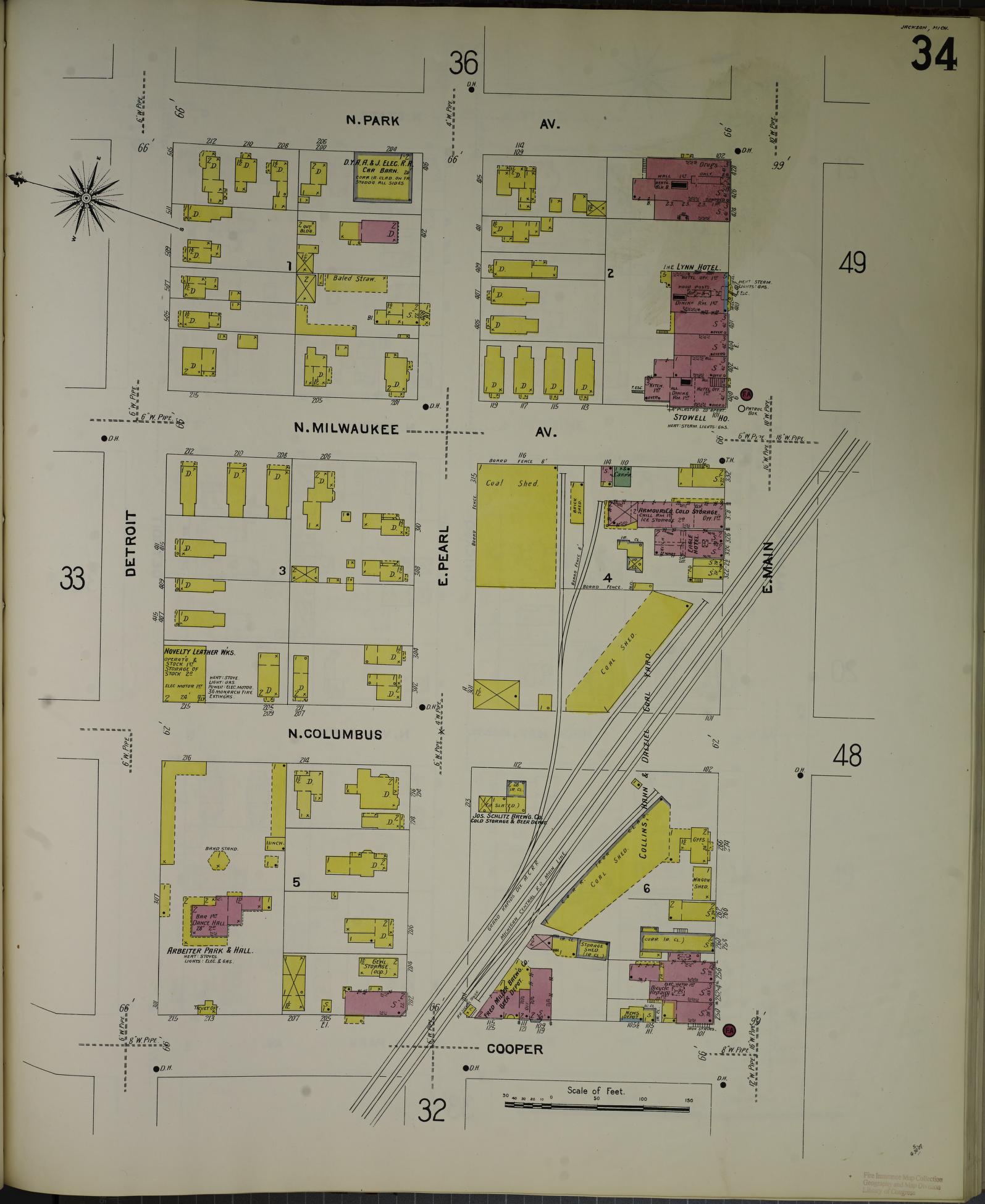 Sanborn Fire Insurance Map from Jackson, Jackson County, Michigan (1907), Sheet #0034 - Historic Sanborn Fire Insurance Map Print, vintage old map wall art, antique decor, genealogy gift, Michigan Michigan map