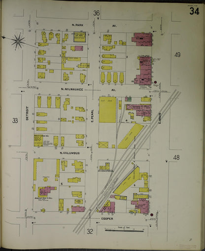 Sanborn Fire Insurance Map from Jackson, Jackson County, Michigan (1907), Sheet #0034 - Historic Sanborn Fire Insurance Map Print, vintage old map wall art, antique decor, genealogy gift, Michigan Michigan map