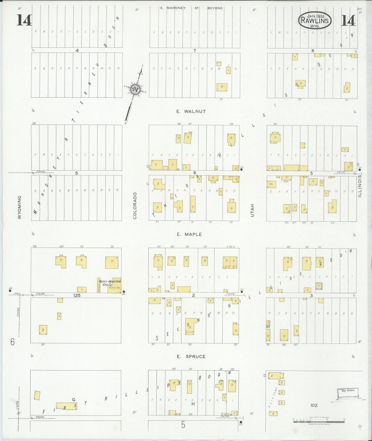 Sanborn Fire Insurance Map from Rawlins, Carbon County, Wyoming (1931), Sheet #0014 - Historic Sanborn Fire Insurance Map Print, vintage old map wall art, antique decor, genealogy gift, Wyoming Wyoming map