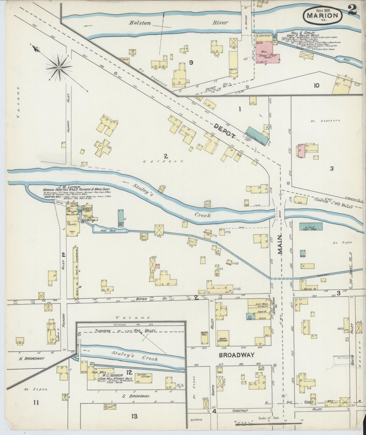 Sanborn Fire Insurance Map from Marion, Smyth County, Virginia (1891), Sheet #0002 - Complete Map Set gallery image, historic Sanborn map, vintage wall art, Virginia Virginia