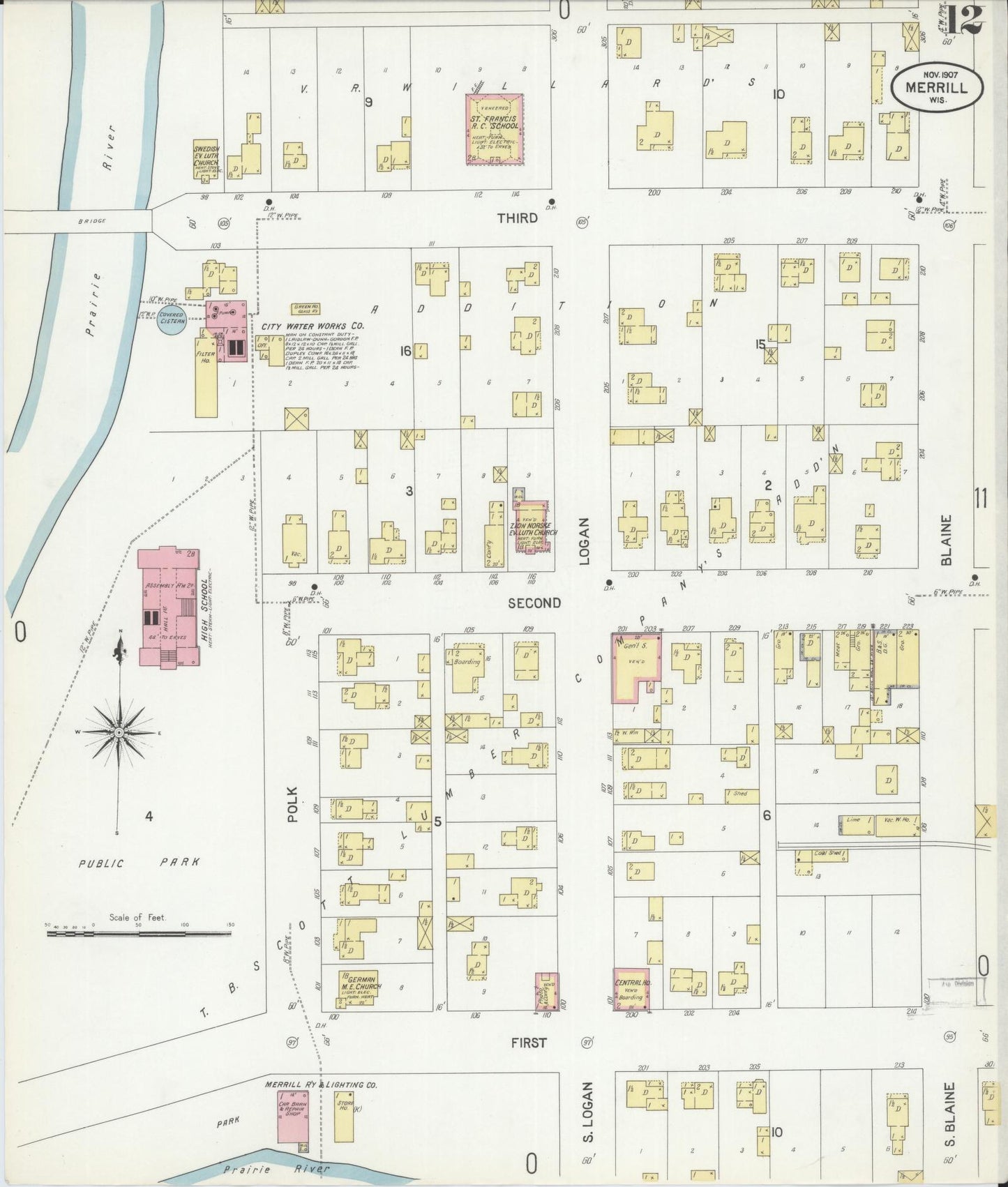 Sanborn Fire Insurance Map from Merrill, Lincoln County, Wisconsin (1907), Sheet #0012 - Historic Sanborn Fire Insurance Map Print, vintage old map wall art, antique decor, genealogy gift, Wisconsin Wisconsin map