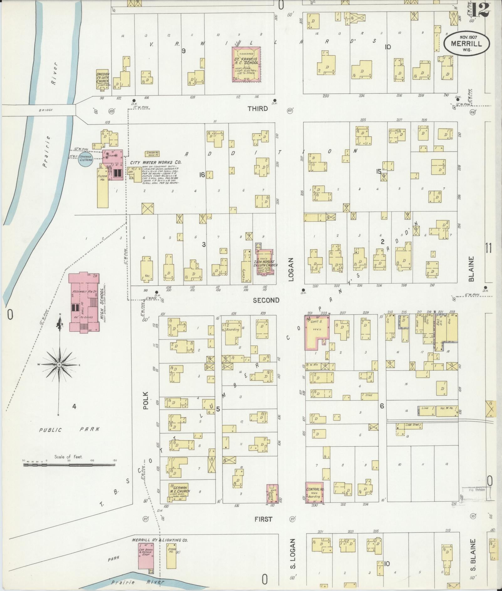 Sanborn Fire Insurance Map from Merrill, Lincoln County, Wisconsin (1907), Sheet #0012 - Historic Sanborn Fire Insurance Map Print, vintage old map wall art, antique decor, genealogy gift, Wisconsin Wisconsin map