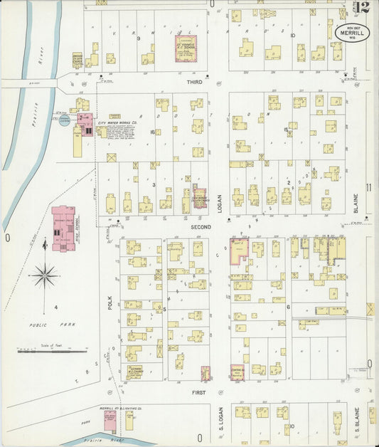 Sanborn Fire Insurance Map from Merrill, Lincoln County, Wisconsin (1907), Sheet #0012 - Historic Sanborn Fire Insurance Map Print, vintage old map wall art, antique decor, genealogy gift, Wisconsin Wisconsin map