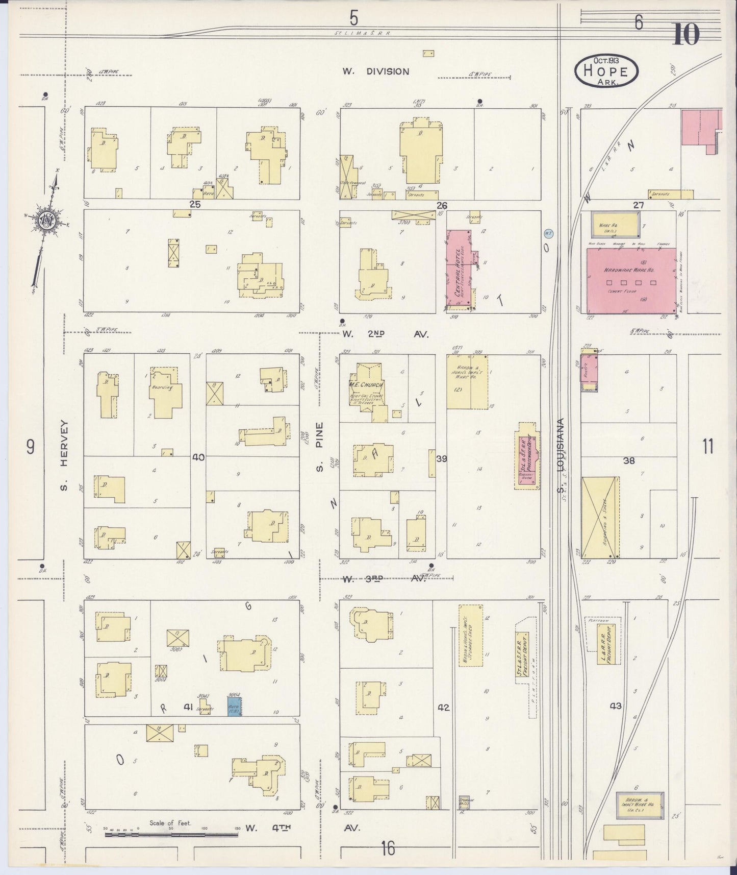 Sanborn Fire Insurance Map from Hope, Hempstead County, Arkansas (1913), Sheet #0010 - Historic Sanborn Fire Insurance Map Print, vintage old map wall art, antique decor, genealogy gift, Arkansas Arkansas map