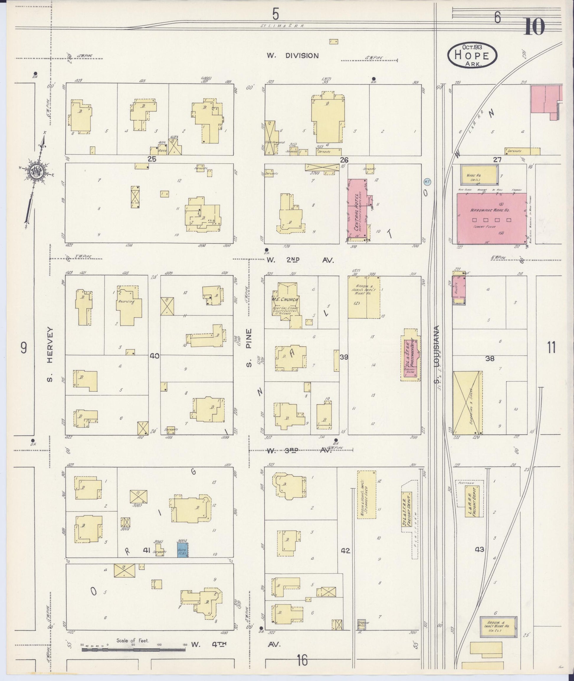 Sanborn Fire Insurance Map from Hope, Hempstead County, Arkansas (1913), Sheet #0010 - Historic Sanborn Fire Insurance Map Print, vintage old map wall art, antique decor, genealogy gift, Arkansas Arkansas map