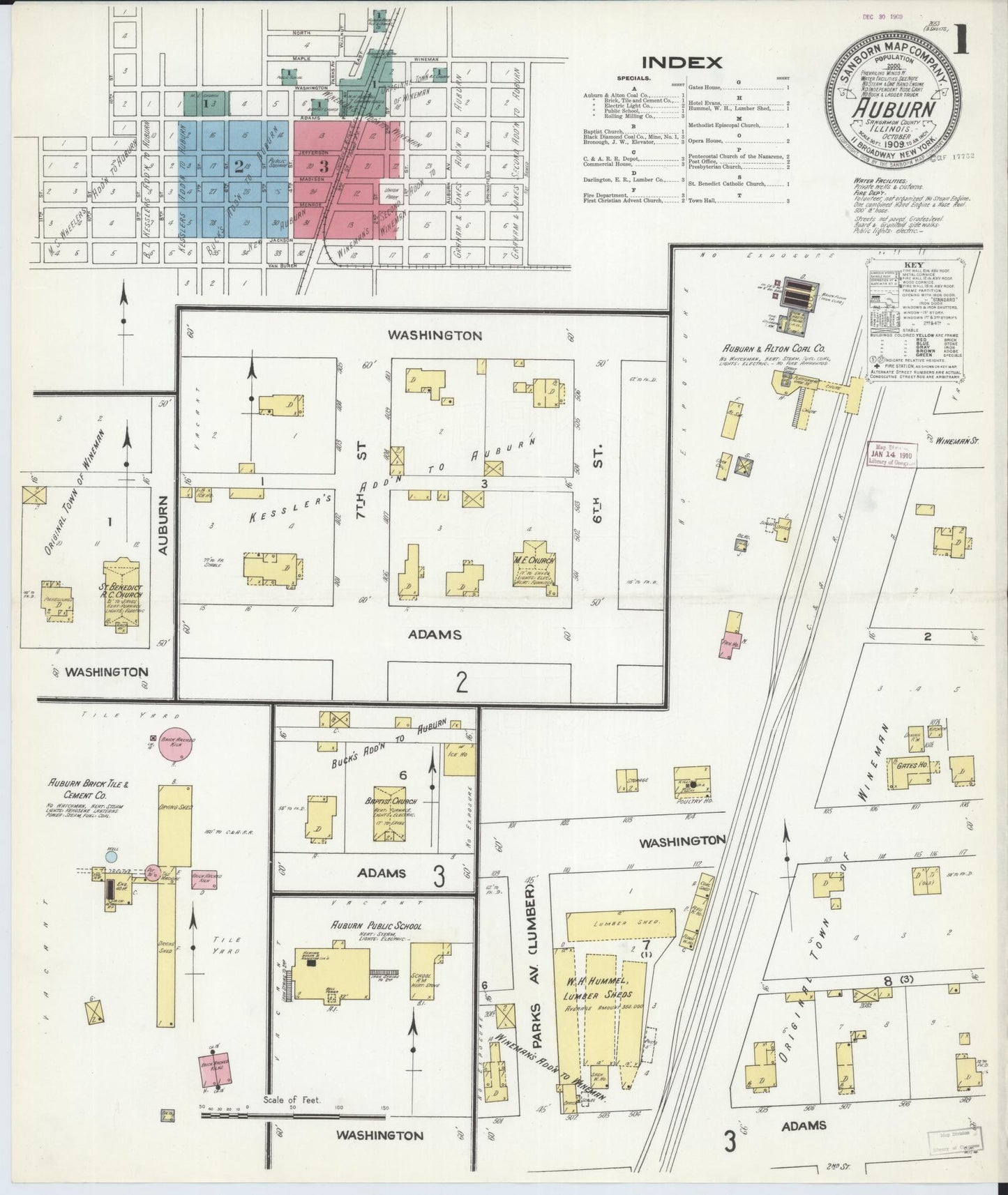 Sanborn Fire Insurance Map from Auburn, Sangamon County, Illinois (1909), Sheet #0001 - Historic Sanborn Fire Insurance Map Print, vintage old map wall art, antique decor, genealogy gift, Illinois Illinois map