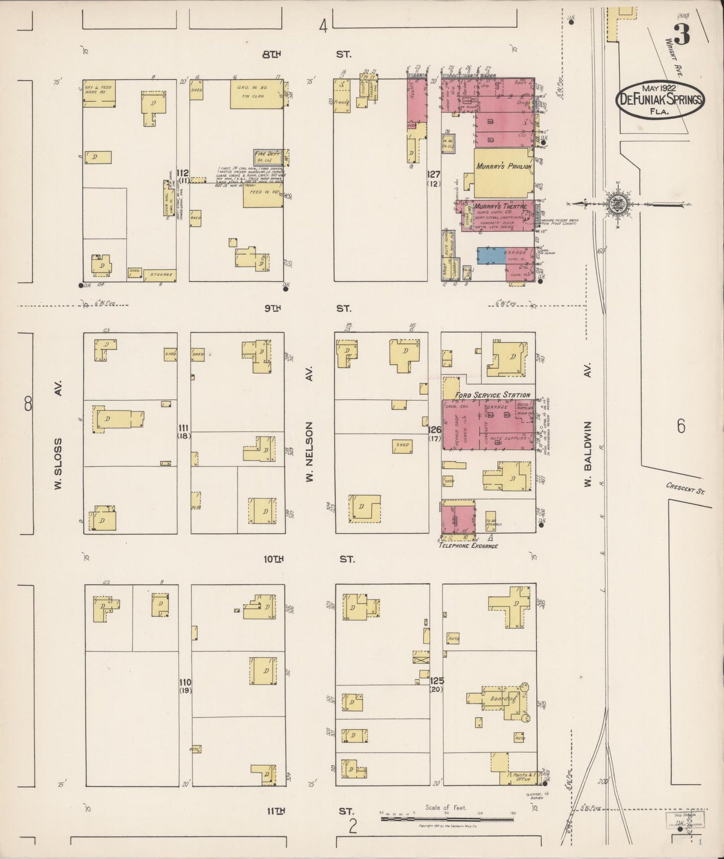 Sanborn Fire Insurance Map from De Funiak Springs, Walton County, Florida (1922), Sheet #0003 - Historic Sanborn Fire Insurance Map Print, vintage old map wall art, antique decor, genealogy gift, Florida Florida map