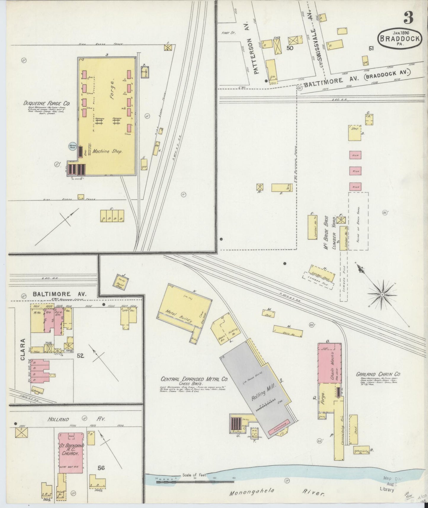 Sanborn Fire Insurance Map from Braddock, Allegheny County, Pennsylvania (1896), Sheet #0003 - Historic Sanborn Fire Insurance Map Print, vintage old map wall art, antique decor, genealogy gift, Pennsylvania Pennsylvania map