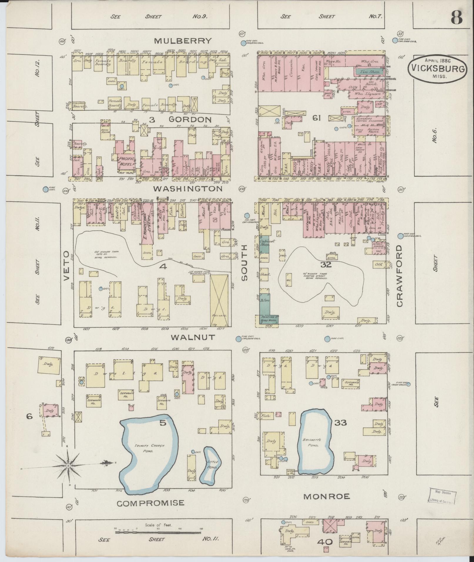 Sanborn Fire Insurance Map from Vicksburg, Warren County, Mississippi (1886), Sheet #0008 - Complete Map Set gallery image, historic Sanborn map, vintage wall art, Mississippi Mississippi