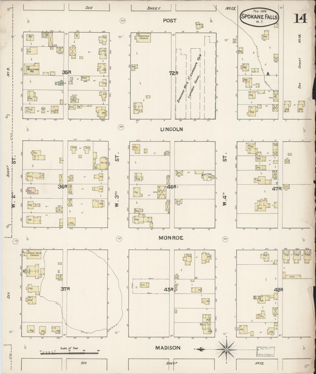 Sanborn Fire Insurance Map from Spokane, Spokane County, Washington (1889), Sheet #0014 - Historic Sanborn Fire Insurance Map Print, vintage old map wall art, antique decor, genealogy gift, Washington Washington map