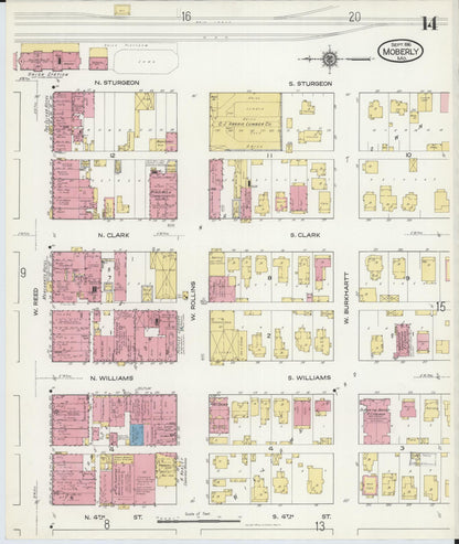 Sanborn Fire Insurance Map from Moberly, Randolph County, Missouri (1916), Sheet #0014 - Historic Sanborn Fire Insurance Map Print, vintage old map wall art, antique decor, genealogy gift, Missouri Missouri map