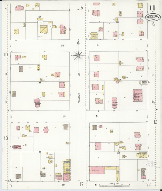 Sanborn Fire Insurance Map from Provo, Utah County, Utah (1908), Sheet #0011 - Historic Sanborn Fire Insurance Map Print, vintage old map wall art, antique decor, genealogy gift, Provo Utah map