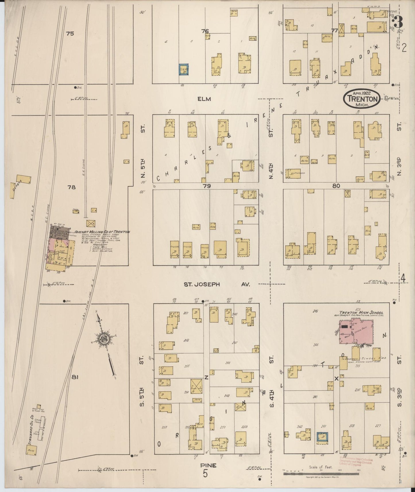 Sanborn Fire Insurance Map from Trenton, Wayne County, Michigan (1922), Sheet #0003 - Complete Map Set gallery image, historic Sanborn map, vintage wall art, Michigan Michigan