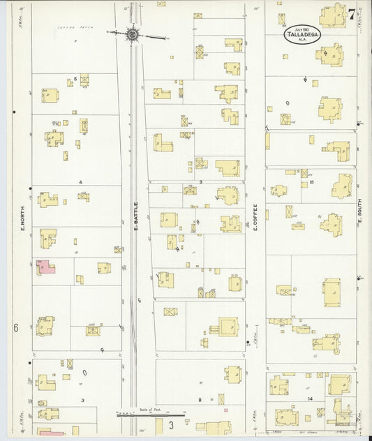 Sanborn Fire Insurance Map from Talladega, Talladega County, Alabama (1910), Sheet #0007 - Historic Sanborn Fire Insurance Map Print, vintage old map wall art, antique decor, genealogy gift, Alabama Alabama map
