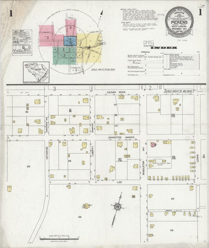 Sanborn Fire Insurance Map from Pickens, Pickens County, South Carolina (1924), Sheet #0001 - Complete Map Set gallery image, historic Sanborn map, vintage wall art, South Carolina South Carolina