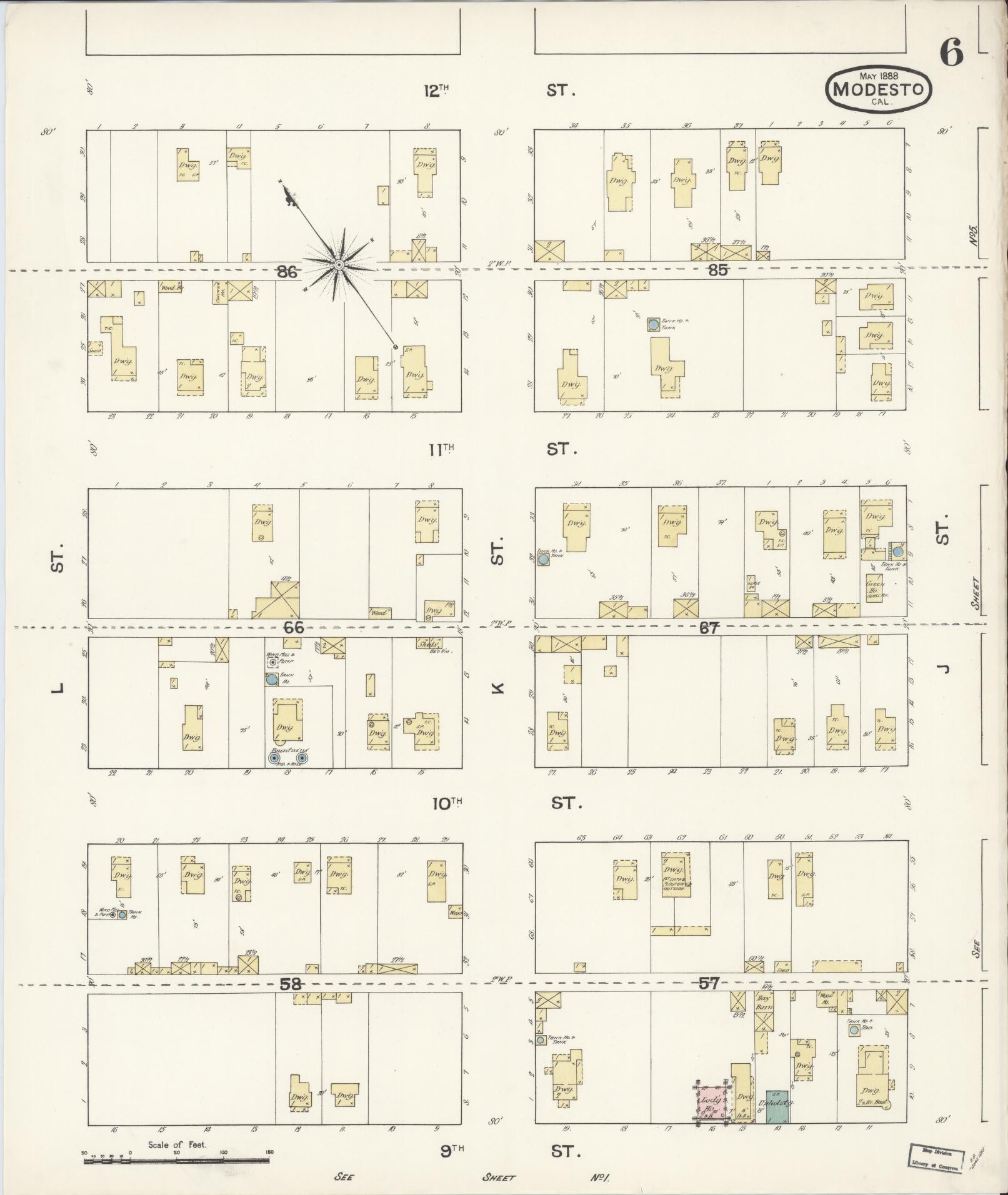 Sanborn Fire Insurance Map from Modesto, Stanislaus County, California (1888), Sheet #0006 - Complete Map Set gallery image, historic Sanborn map, vintage wall art, California California