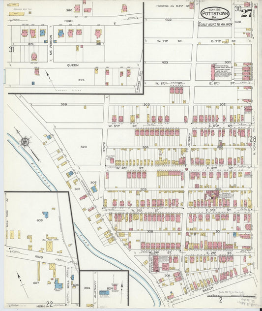Sanborn Fire Insurance Map from Pottstown, Montgomery County, Pennsylvania (1916), Sheet #0027 - Historic Sanborn Fire Insurance Map Print, vintage old map wall art, antique decor, genealogy gift, Pennsylvania Pennsylvania map