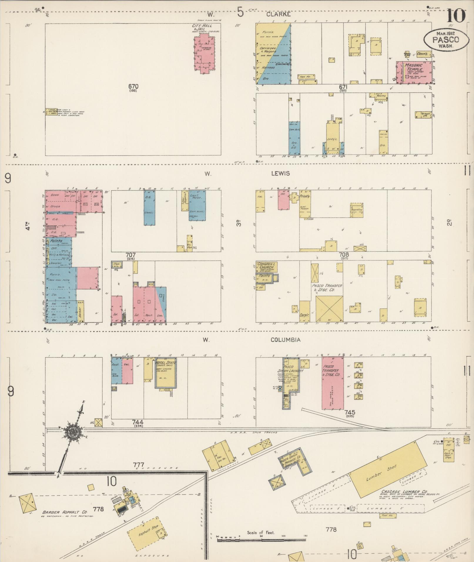 Sanborn Fire Insurance Map from Pasco, Franklin County, Washington (1912), Sheet #0010 - Historic Sanborn Fire Insurance Map Print, vintage old map wall art, antique decor, genealogy gift, Washington Washington map