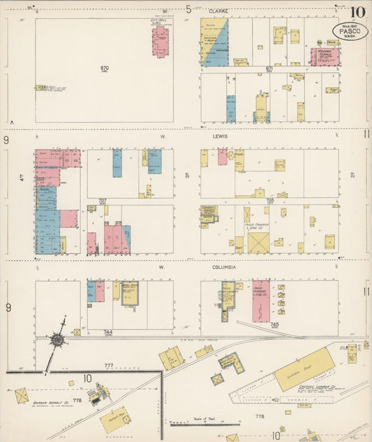 Sanborn Fire Insurance Map from Pasco, Franklin County, Washington (1912), Sheet #0010 - Historic Sanborn Fire Insurance Map Print, vintage old map wall art, antique decor, genealogy gift, Washington Washington map