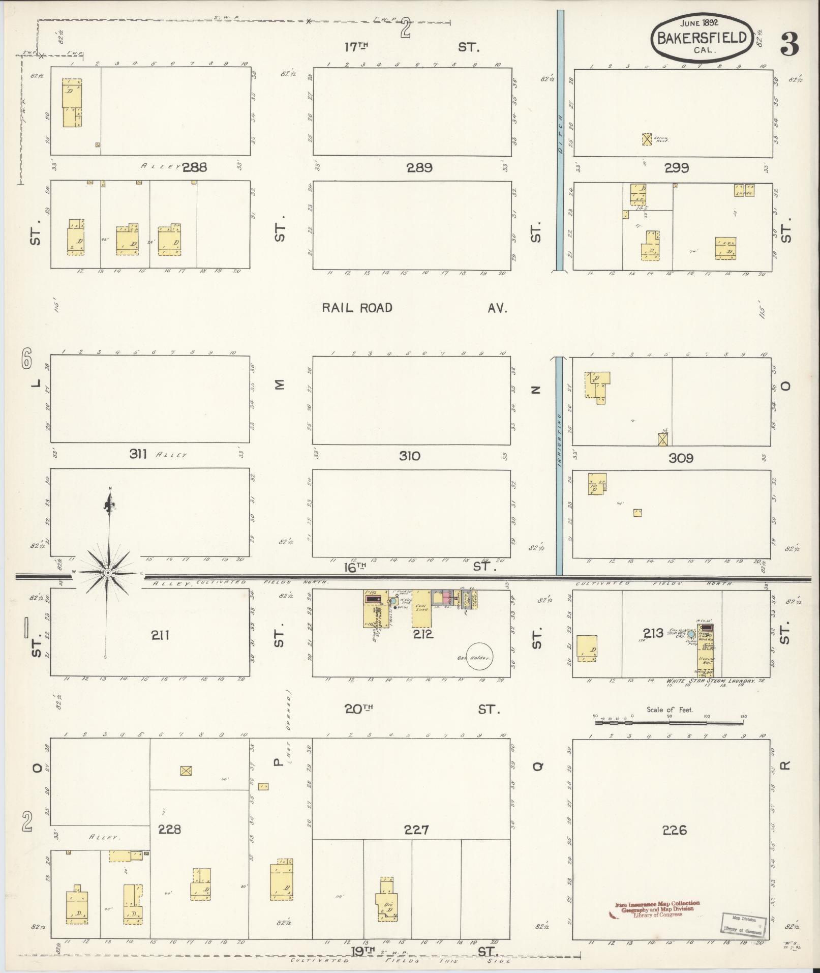 Sanborn Fire Insurance Map from Bakersfield, Kern County, California (1892), Sheet #0003 - Historic Sanborn Fire Insurance Map Print, vintage old map wall art, antique decor, genealogy gift, California California map