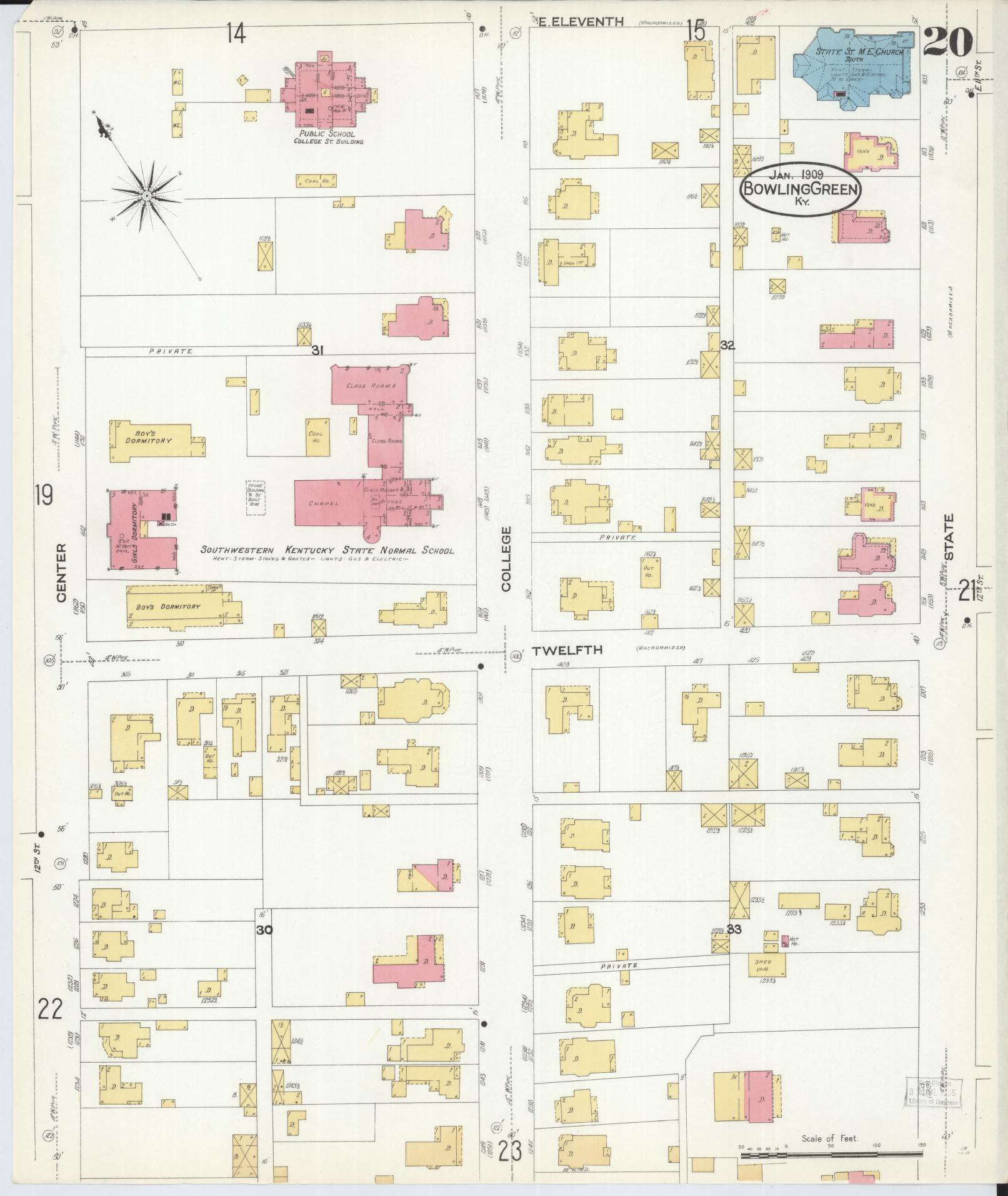 Sanborn Fire Insurance Map from Bowling Green, Warren County, Kentucky (1909), Sheet #0020 - Historic Sanborn Fire Insurance Map Print, vintage old map wall art, antique decor, genealogy gift, Kentucky Kentucky map