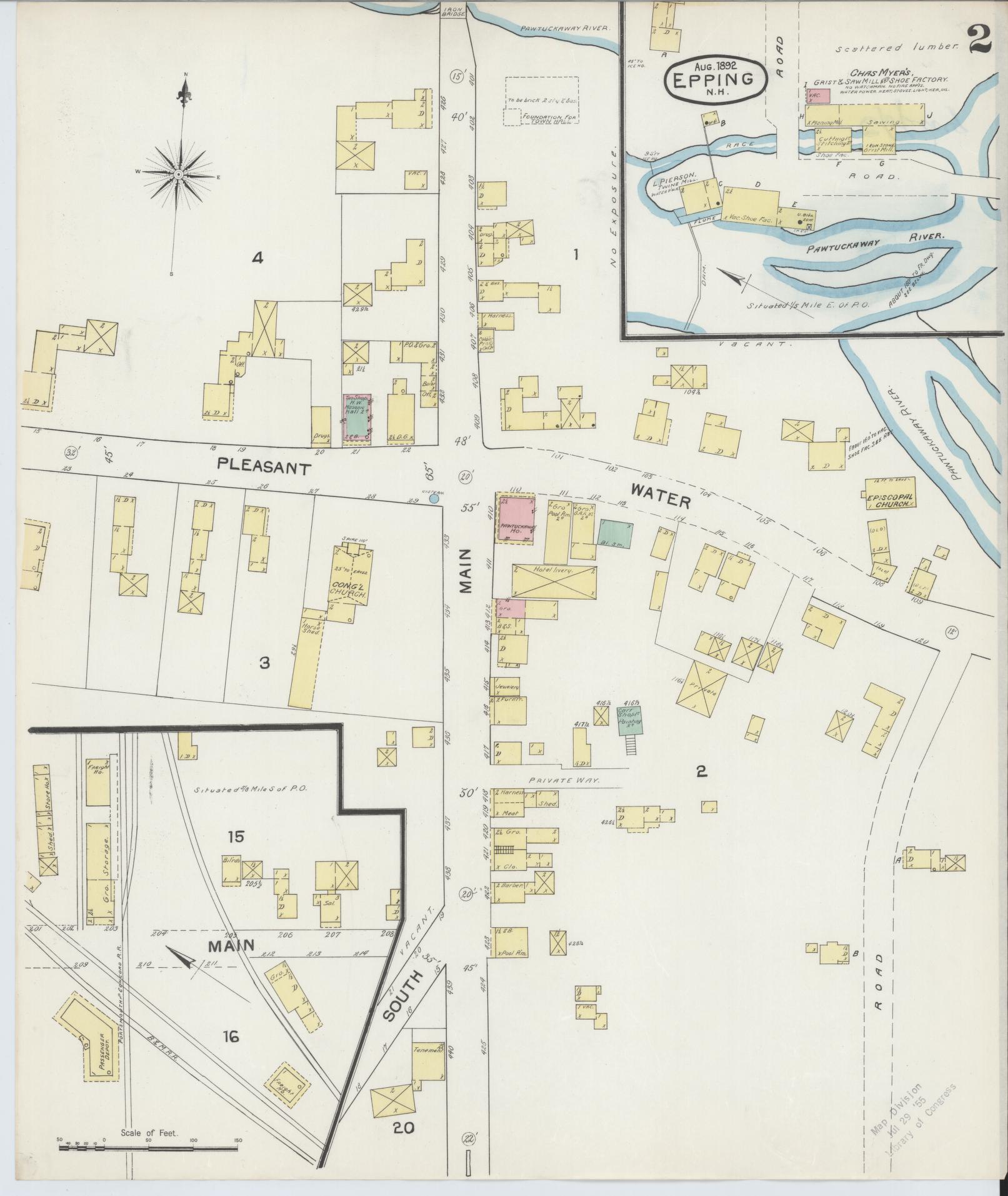 Sanborn Fire Insurance Map from Epping, Rockingham County, New Hampshire (1892), Sheet #0002 - Complete Map Set gallery image, historic Sanborn map, vintage wall art, New Hampshire New Hampshire