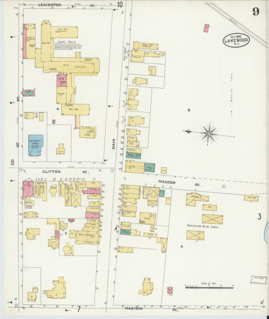Sanborn Fire Insurance Map from Lakewood, Ocean County, New Jersey (1905), Sheet #0009 - Historic Sanborn Fire Insurance Map Print, vintage old map wall art, antique decor, genealogy gift, New Jersey New Jersey map
