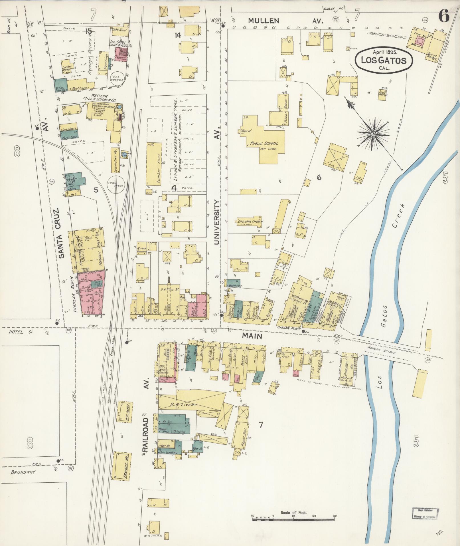 Sanborn Fire Insurance Map from Los Gatos, Santa Clara County, California (1895), Sheet #0006 - Historic Sanborn Fire Insurance Map Print, vintage old map wall art, antique decor, genealogy gift, California California map