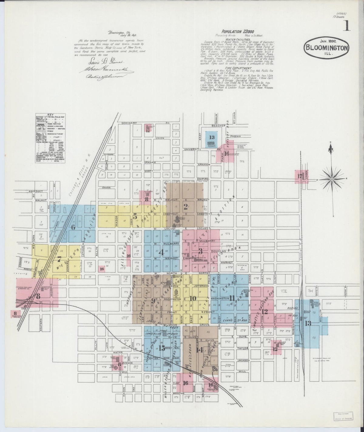 Sanborn Fire Insurance Map from Bloomington, McLean County, Illinois (1892), Sheet #0001 - Historic Sanborn Fire Insurance Map Print, vintage old map wall art, antique decor, genealogy gift, Illinois Illinois map