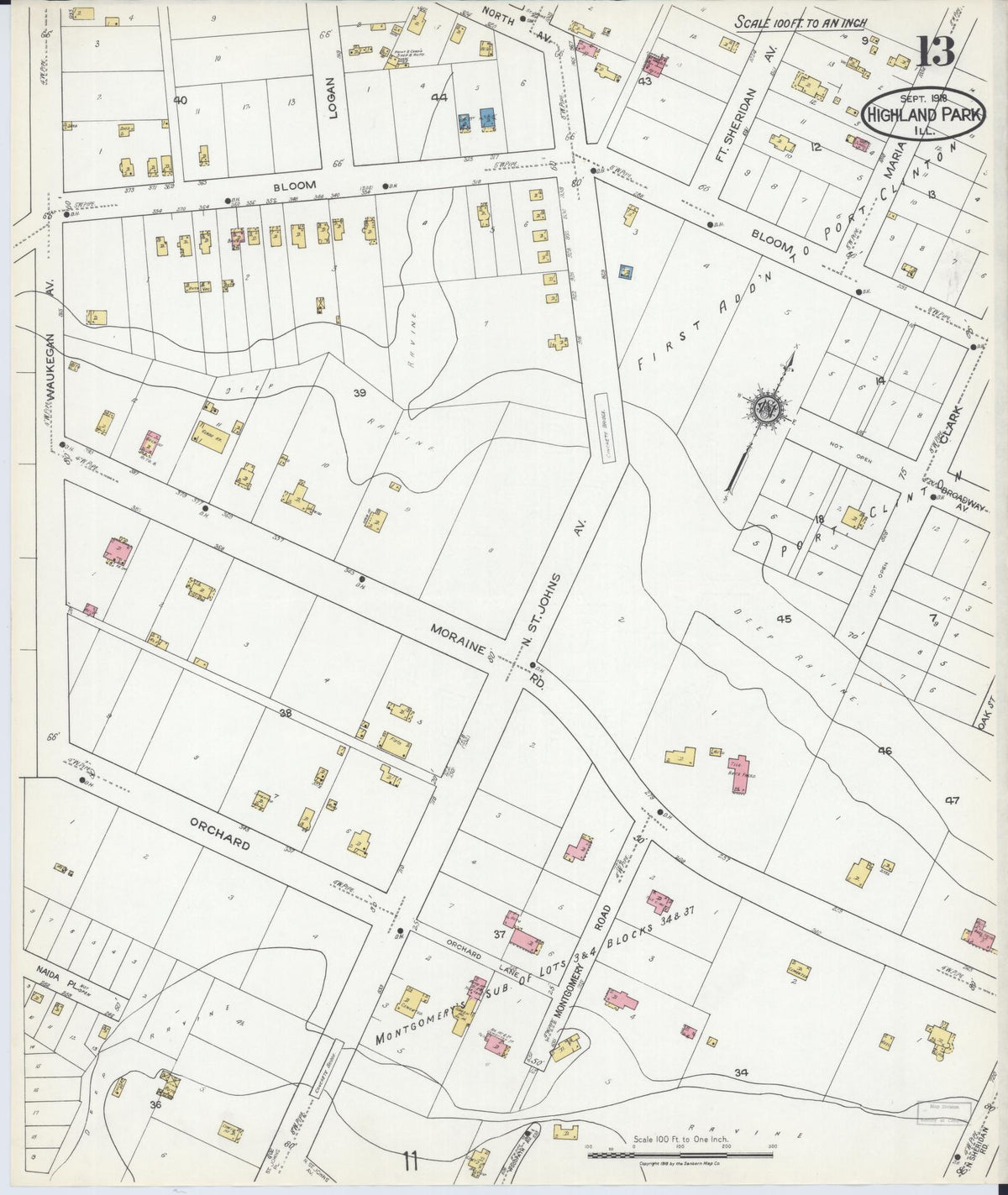 Sanborn Fire Insurance Map from Highland Park, Lake County, Illinois (1918), Sheet #0013 - Historic Sanborn Fire Insurance Map Print, vintage old map wall art, antique decor, genealogy gift, Illinois Illinois map