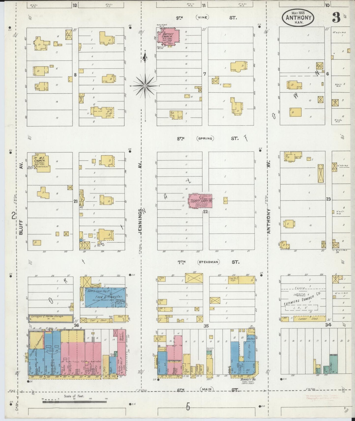 Sanborn Fire Insurance Map from Anthony, Harper County, Kansas (1905), Sheet #0003 - Complete Map Set gallery image, historic Sanborn map, vintage wall art, Kansas Kansas