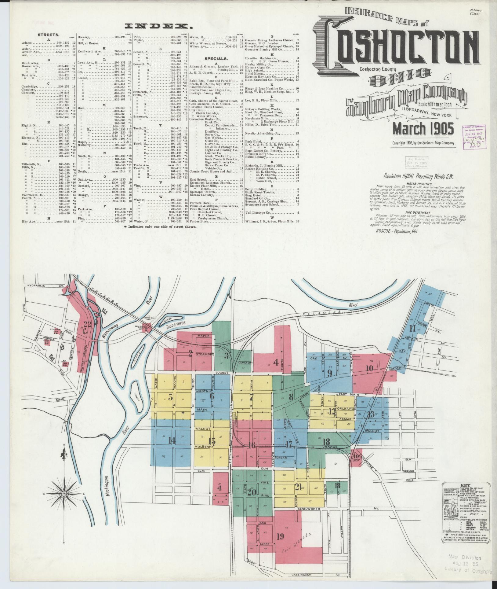 Sanborn Fire Insurance Map from Coshocton, Coshocton County, Ohio (1905), Sheet #0001 - Historic Sanborn Fire Insurance Map Print, vintage old map wall art, antique decor, genealogy gift, Ohio Ohio map