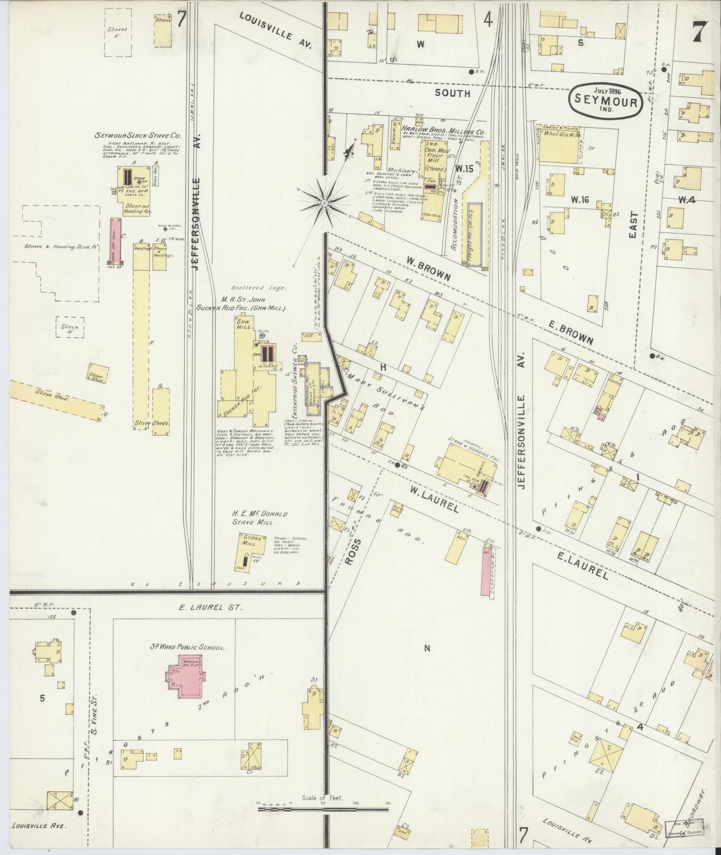Sanborn Fire Insurance Map from Seymour, Jackson County, Indiana (1896), Sheet #0007 - Historic Sanborn Fire Insurance Map Print, vintage old map wall art, antique decor, genealogy gift, Indiana Indiana map