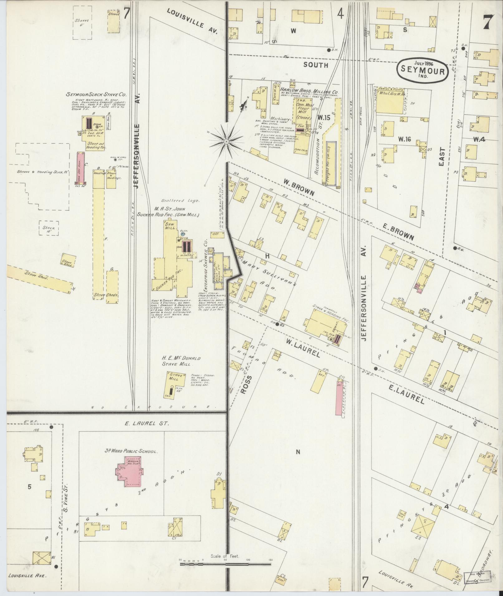 Sanborn Fire Insurance Map from Seymour, Jackson County, Indiana (1896), Sheet #0007 - Historic Sanborn Fire Insurance Map Print, vintage old map wall art, antique decor, genealogy gift, Indiana Indiana map