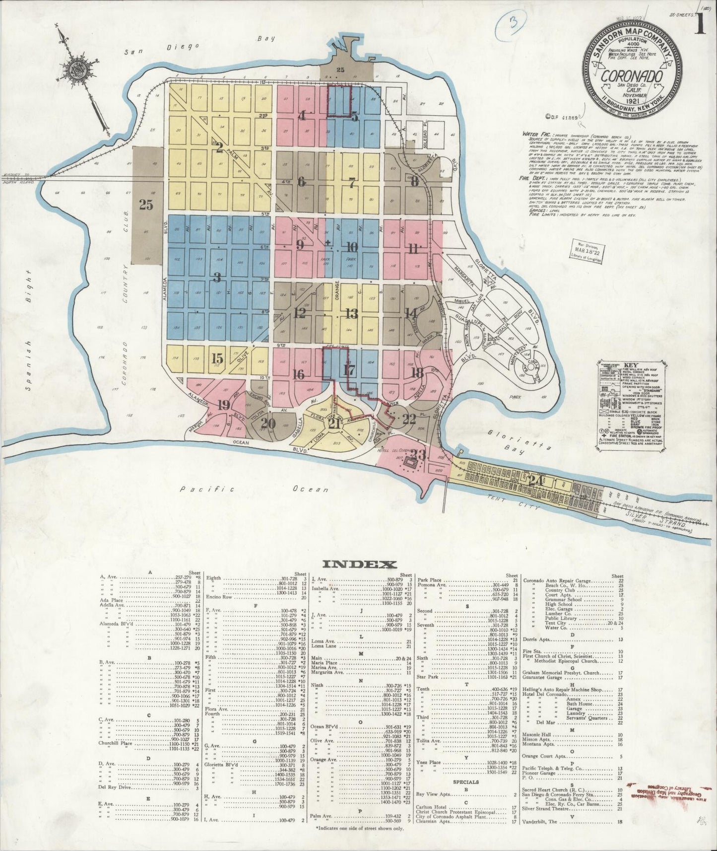 Sanborn Fire Insurance Map from Coronado, San Diego County, California (1921), Sheet #0001 - Complete Map Set gallery image, historic Sanborn map, vintage wall art, California California