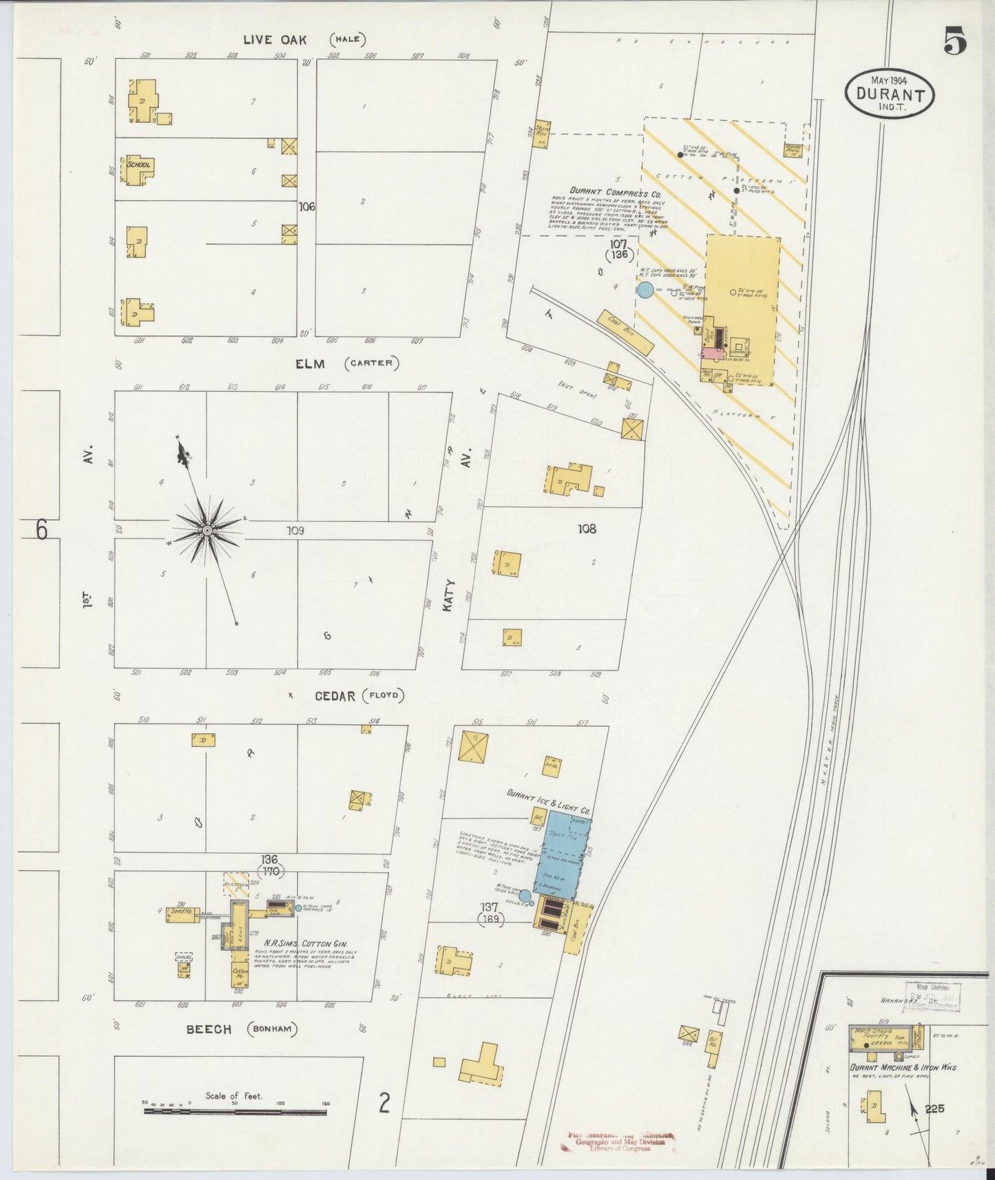 Sanborn Fire Insurance Map from Durant, Bryan County, Oklahoma (1904), Sheet #0005 - Complete Map Set gallery image, historic Sanborn map, vintage wall art, Oklahoma Oklahoma