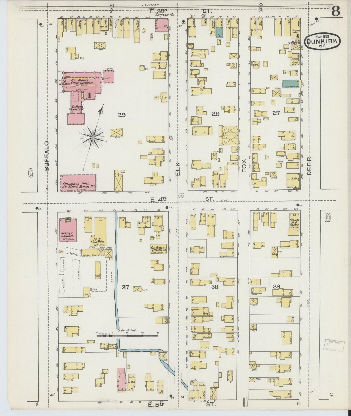 Sanborn Fire Insurance Map from Dunkirk, Chautauqua County, New York (1893), Sheet #0008 - Historic Sanborn Fire Insurance Map Print, vintage old map wall art, antique decor, genealogy gift, New York New York map