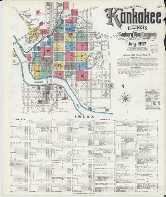 Sanborn Fire Insurance Map from Kankakee, Kankakee County, Illinois (1907), Sheet #0001 - Historic Sanborn Fire Insurance Map Print, vintage old map wall art, antique decor, genealogy gift, Illinois Illinois map