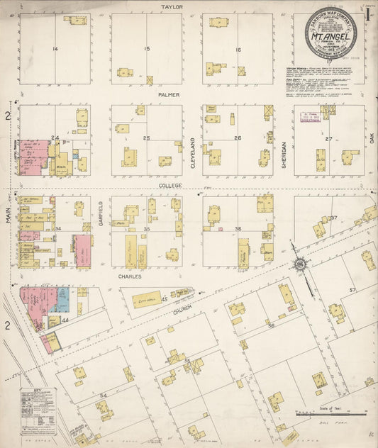 Sanborn Fire Insurance Map from Mount Angel, Marion County, Oregon (1913), Sheet #0001 - Complete Map Set gallery image, historic Sanborn map, vintage wall art, Oregon Oregon