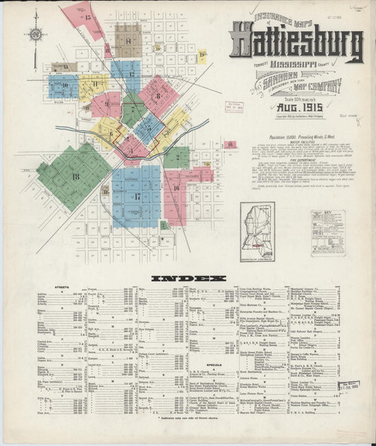 Sanborn Fire Insurance Map from Hattiesburg, Forrest County, Mississippi (1915), Sheet #0001 - Historic Sanborn Fire Insurance Map Print, vintage old map wall art, antique decor, genealogy gift, Mississippi Mississippi map