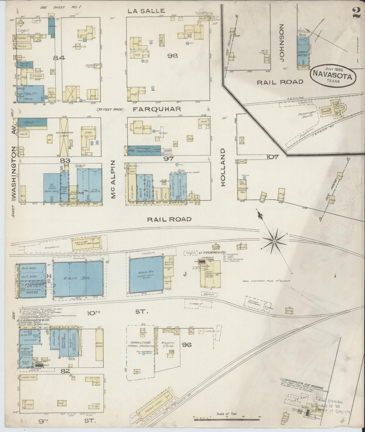 Sanborn Fire Insurance Map from Navasota, Grimes County, Texas (1885), Sheet #0002 - Complete Map Set gallery image, historic Sanborn map, vintage wall art, Texas Texas