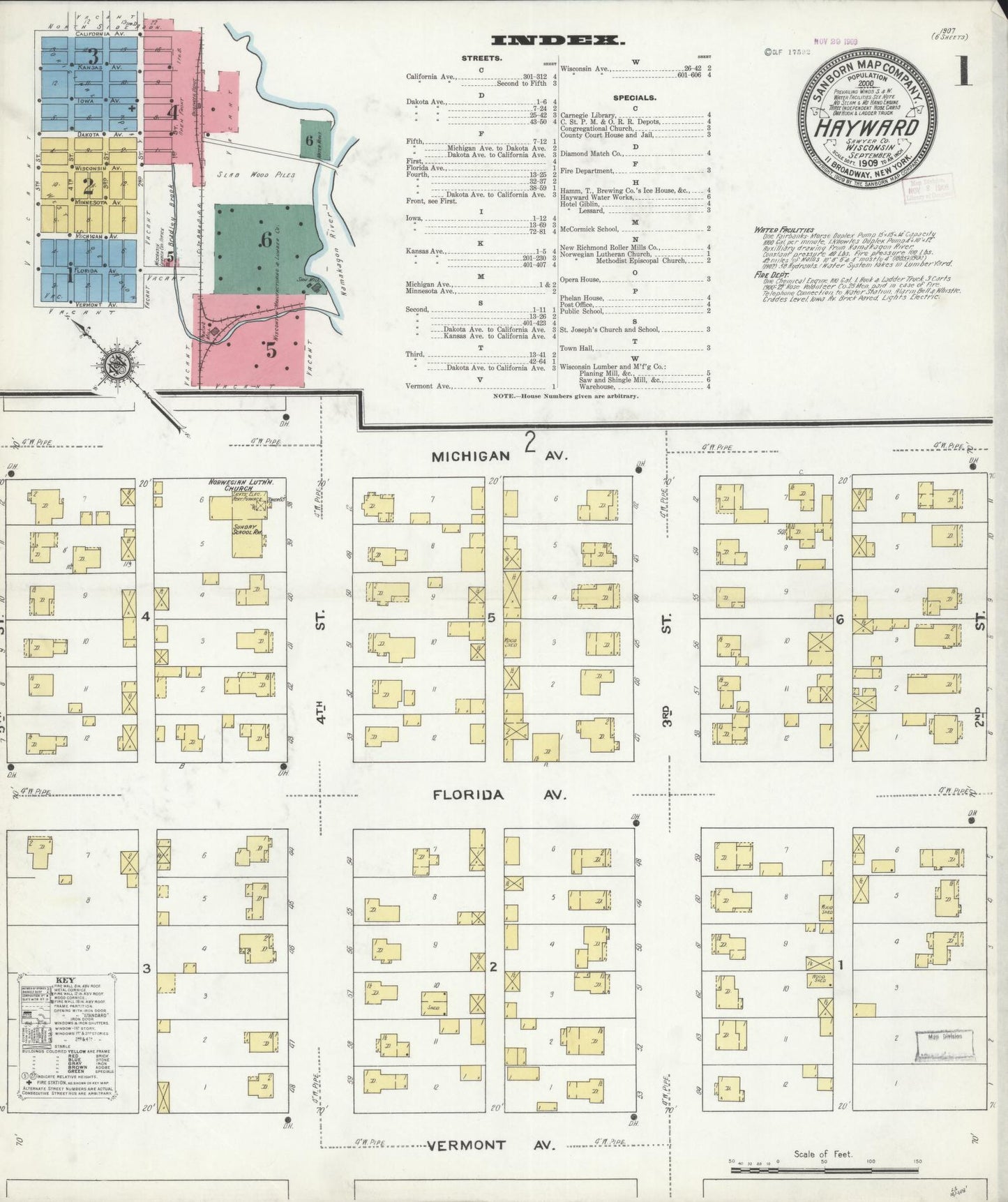Sanborn Fire Insurance Map from Hayward, Sawyer County, Wisconsin (1909), Sheet #0001 - Complete Map Set gallery image, historic Sanborn map, vintage wall art, Wisconsin Wisconsin