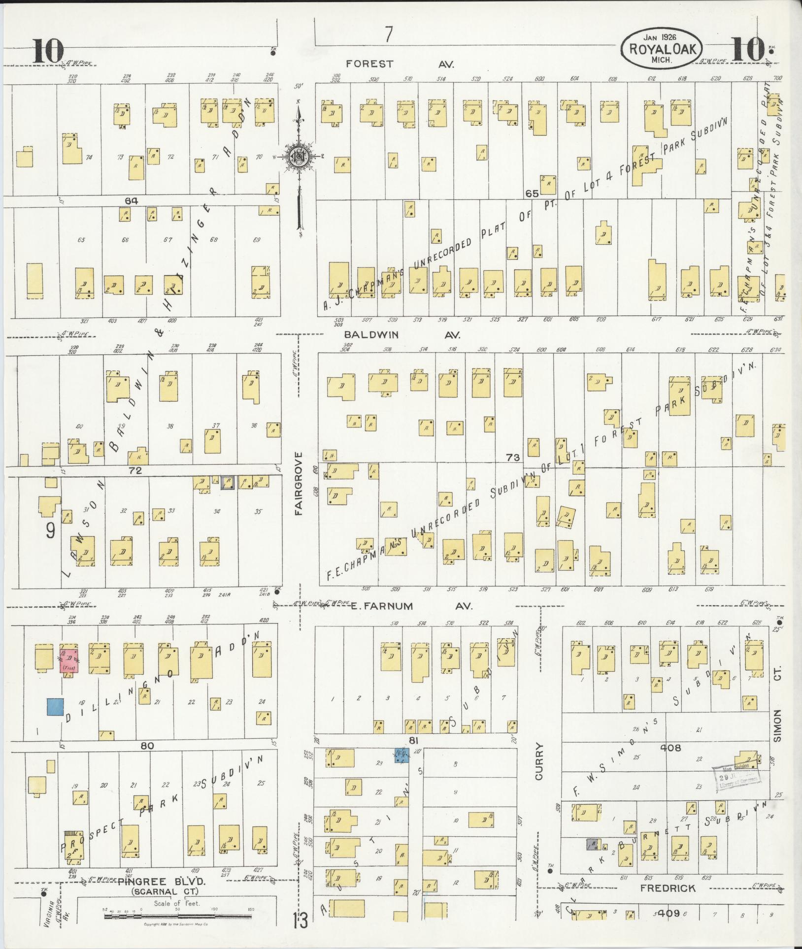 Sanborn Fire Insurance Map from Royal Oak, Oakland County, Michigan (1926), Sheet #0010 - Historic Sanborn Fire Insurance Map Print, vintage old map wall art, antique decor, genealogy gift, Michigan Michigan map