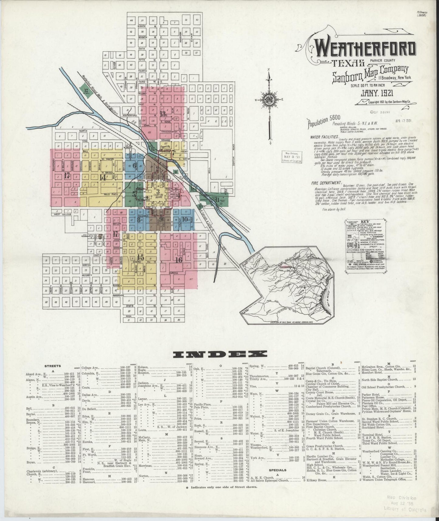 Sanborn Fire Insurance Map from Weatherford, Parker County, Texas (1921), Sheet #0001 - Historic Sanborn Fire Insurance Map Print, vintage old map wall art, antique decor, genealogy gift, Texas Texas map