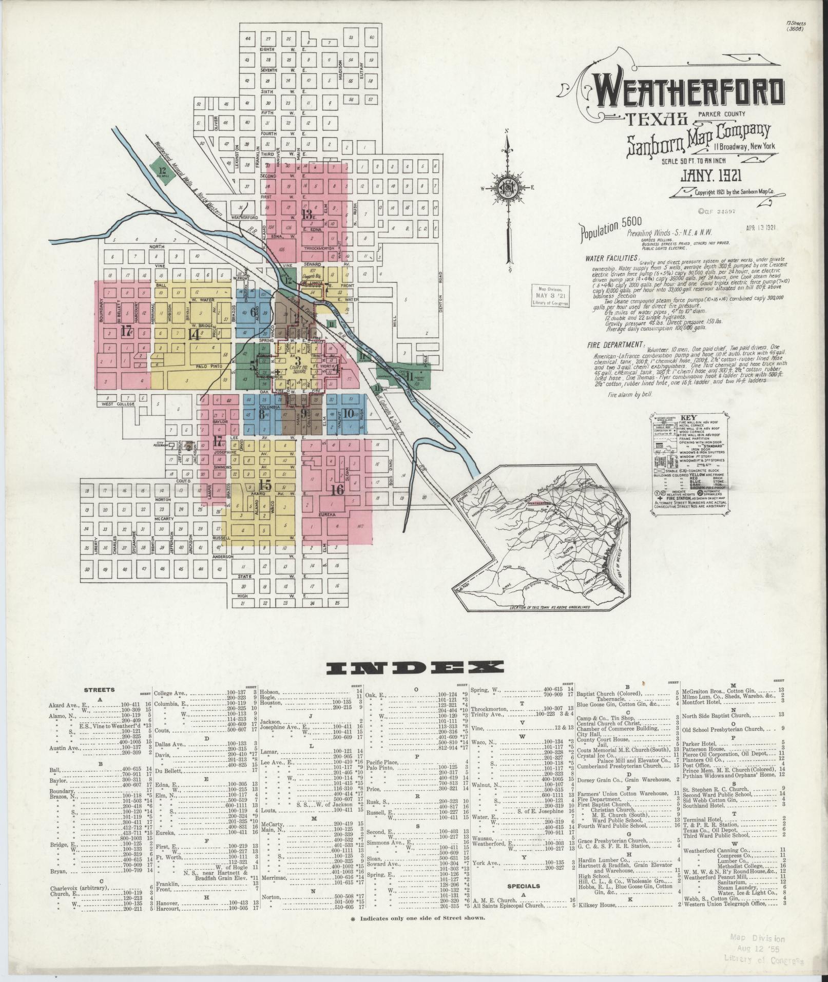 Sanborn Fire Insurance Map from Weatherford, Parker County, Texas (1921), Sheet #0001 - Historic Sanborn Fire Insurance Map Print, vintage old map wall art, antique decor, genealogy gift, Texas Texas map